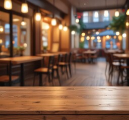 Empty wooden tabletop, blurred cafe background, warm bokeh,  design,  wood,  food
