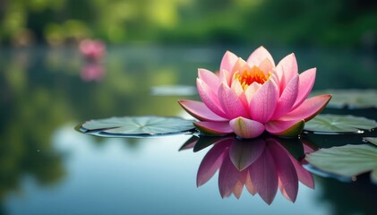 Intricate floral design reflected on calm lake surface, nature photography, lotus