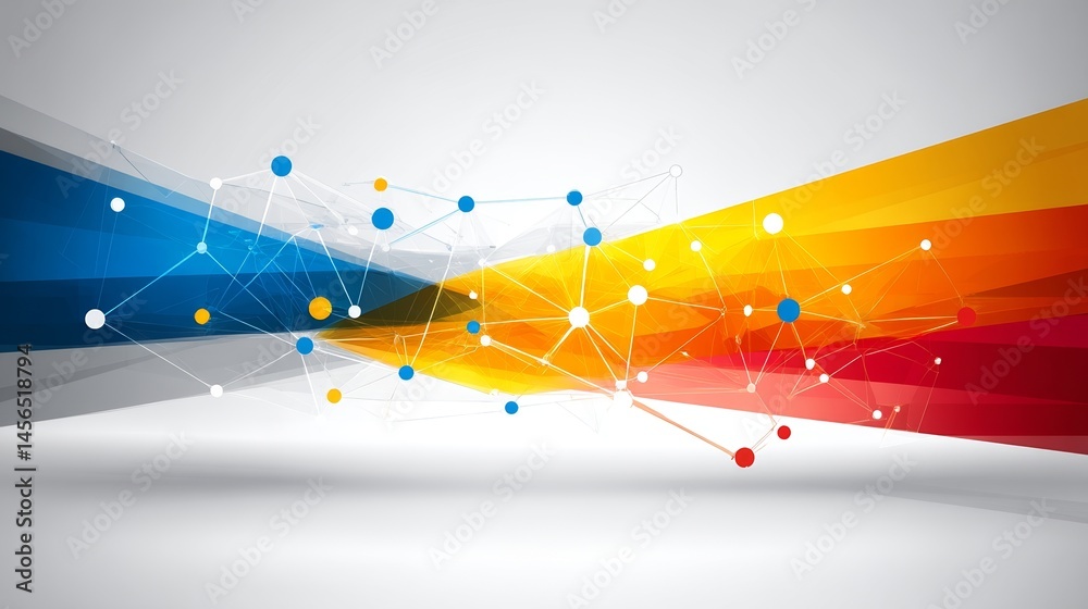 Poster Global communication and digital technology are conceptualized in an abstract plexus background with dots and lines that connect and intersect