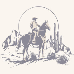 Rodeo Cowboys on Horseback Vector Print. Desert Landscape with Cacti. Wild West Surface Poster Design for All Fabrics and Prints