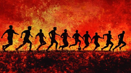 Silhouette of soccer players running on a fiery field