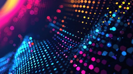Fototapeta premium Abstract picture of neon light particle with digital technology style design connecting become dynamic of electric wave movement represent about flowing of data or structure of network system. AIG53.