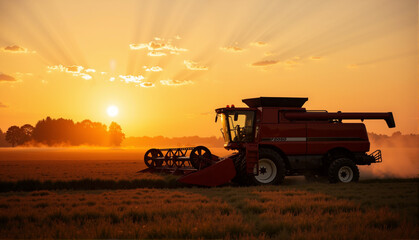 Fototapeta premium Agricultural machinery exhibition at sunset with a combine harvester, , a serene image conveying the hard work of farming and the natural environment. 