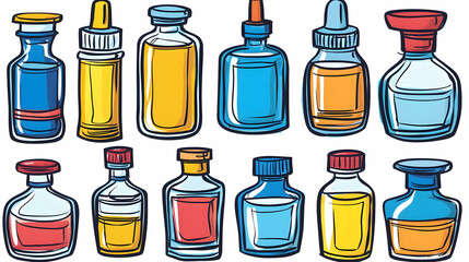 Colorful hand-drawn bottles, vials, and containers; various shapes and sizes; white background; perfect for medical, pharmaceutical, or cosmetic packaging design