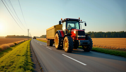 Agricultural machinery exhibition with a tractor driving on a road, conveying transportation and supply  