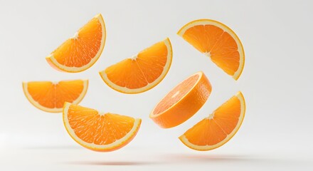 image of fresh orange slices flying in mid-air with realistic shadows and soft lighting, isolated on a clean white background


