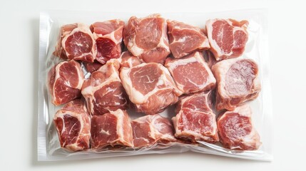 Fototapeta premium Meat in a vacuum-packed, transparent plastic bag on a white background. 4