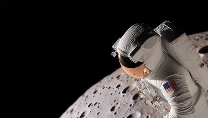 Astronaut on lunar surface, dramatic lighting, dark background, highlighting the suit's details and the cratered landscape