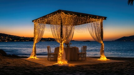 Romantic beachside gazebo dinner at sunset.  A secluded, elegant gazebo on the beach, draped in sheer fabrics and adorned with warm, golden lights, creates a romantic setting for a dinner for two.  