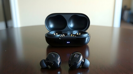 Wireless earbuds charging case on table, home interior background.  Use tech product advertisement