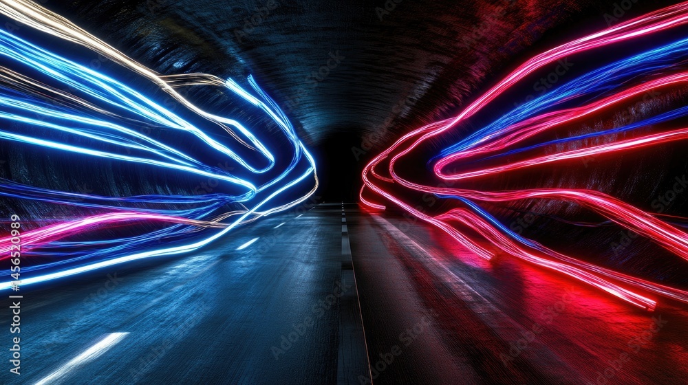 Poster two opposing glowing lines in red and blue speeding through 3d tech tunnel