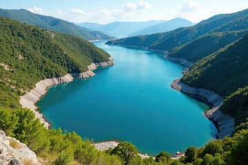 Irregular shaped lake with meandering shoreline, rocky banks, natural, stock, landscape