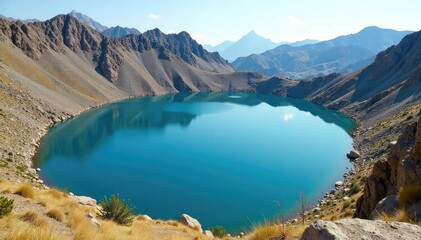 Irregular shaped lake with rocky shoreline and sparse vegetation, geology, desert