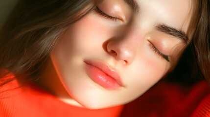 Obraz premium Close-up of a young woman with eyes closed, soft sunlight illuminating her face and reddish-orange sweater