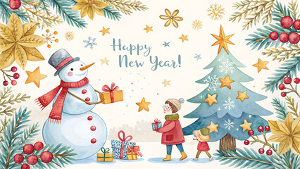 Charming Watercolor Christmas Illustration Snowman, Children, and Festive Gifts