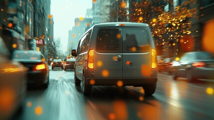 Fototapeta premium A minivan driving through a city traffic jam with blurred background. 2