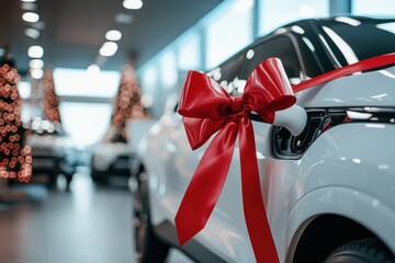 Luxury electric car with red ribbon in showroom
