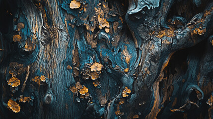 Obraz premium A Symphony of Teal and Gold: Intricate Details of Ancient Tree Bark Texture