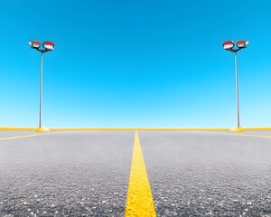 Empty asphalt parking lot under a clear blue sky, marked with yellow lines and two tall light poles