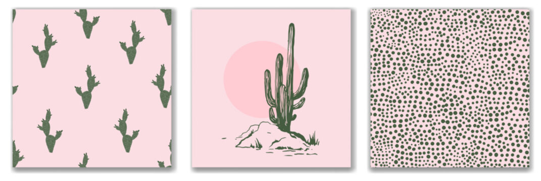 Wild West Set Desert Landscape with Cacti and Sunset, Minimalistic Polka Dot Pattern , Cute Green Cactus Wallpaper on Pink Background