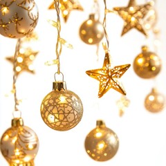 Fototapeta premium Golden and Off White Christmas Ornaments with Warm White String Lights