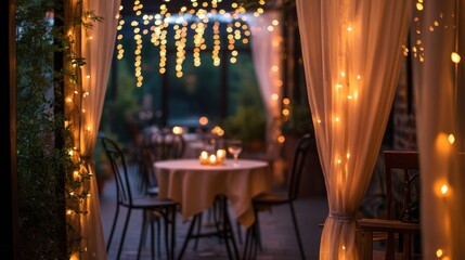 Romantic outdoor dining space, illuminated with fairy lights and soft candlelight