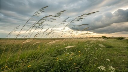 Windy Grass on a Cloudy Day: Nature's Gentle Sway