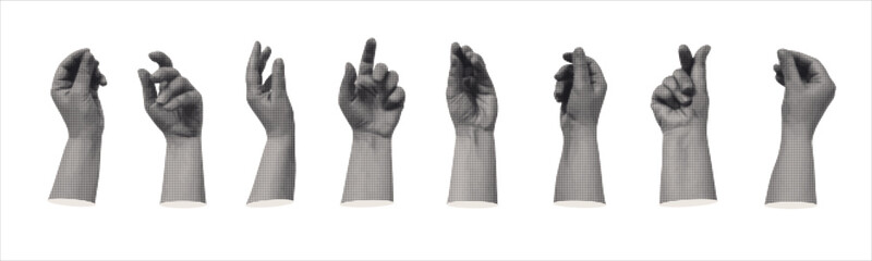 Set of human hands with halftone effect. Monochrome image of hands in the form of hold gestures. Paper clipping shapes, cut out modern retro vector illustration on transparent.