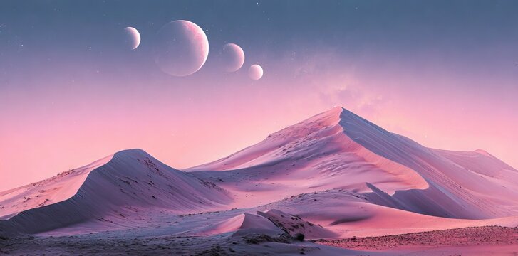 A surreal dreamy landscape featuring the cosmic horizon with glowing pink and blue stars and planets, set amidst space, cosmos, planets, and galaxy