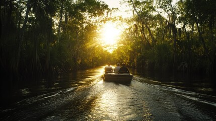 Obraz premium Boat trip through enchanting, sun-drenched swamp channel at golden hour