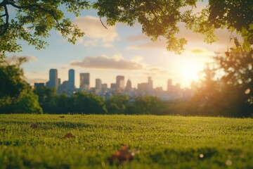 Urban park with green grass and city view