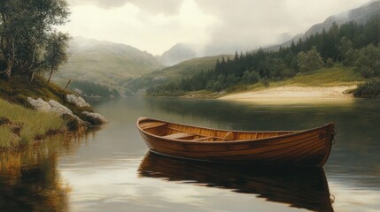 Fototapeta premium Tranquil lake scene with wooden boat