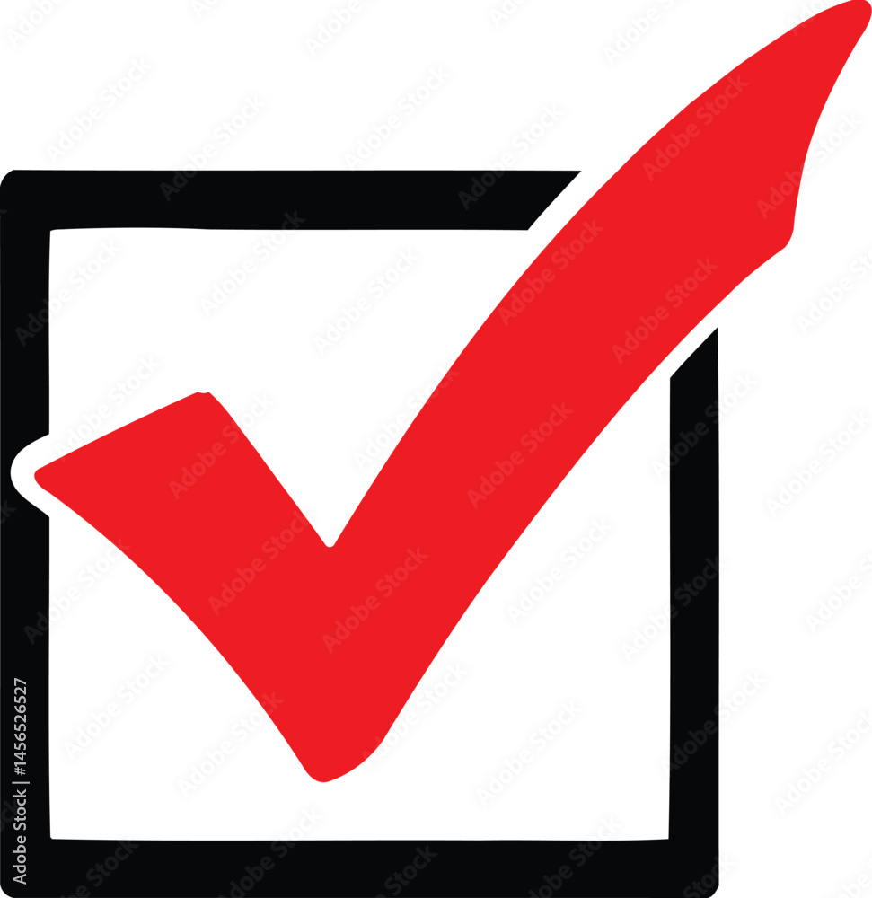 Poster red check mark in black square,tick symbol inside box,approved icon with red check and black outline