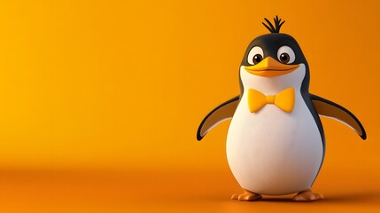 Obraz premium Cheerful cartoon penguin in a vibrant orange background.