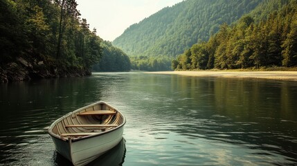 Peaceful river scene with a lone boat. Lush green forests line the calm water, leading to a tranquil mountain backdrop.  A small, light-colored rowboat rests gently on the water's surface