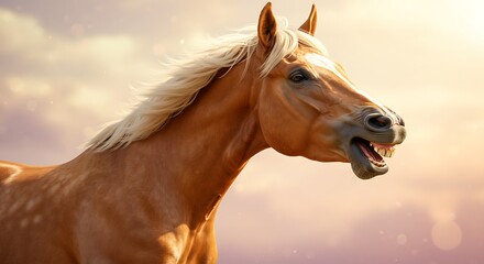 Horse showing its teeth in a funny expression with a golden mane and coat outdoors