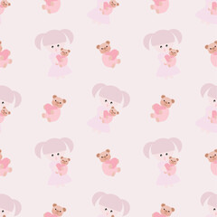 Cute girl and pink bear pattern for pajamas and background.