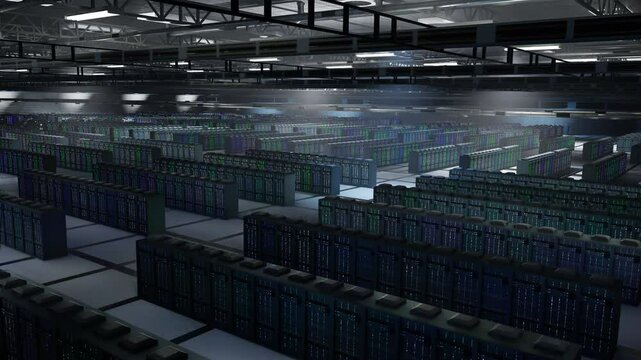 Server hub gear managing data needed for cryptocurrency mining and transaction processing, aerial shot. Data center mainframes offering computing resources necessary for blockchain transactions