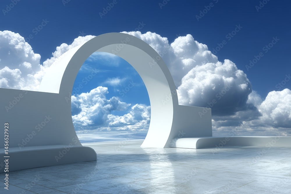 Poster a futuristic and surreal 3d render picture of an abstract architecture background with a white arche