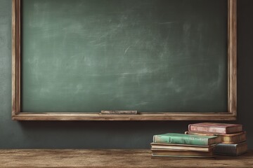 The image depicts a school desk in a classroom setting, complete with a blackboard and green tones