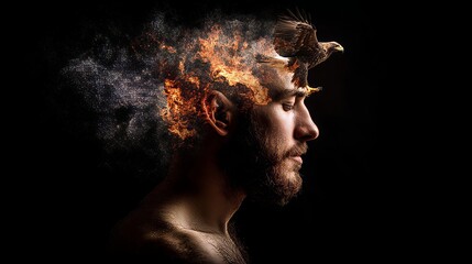 The fusion of a bearded man and a soaring eagle in a double exposure creates a surreal and highly detailed portrait with rich emotional tones, ultra-realistic qualities, and stylized contrasting