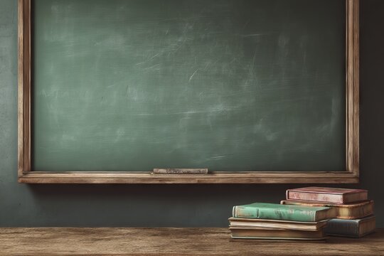 The image depicts a school desk in a classroom setting, complete with a blackboard and green tones