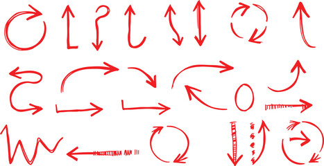 Red Hand-Drawn Arrow Set,Collection of Red Doodle Arrows,Various Sketchy Red Arrows Isolated Handwritten Red Arrow Elements Unique for Design on Transparent AI Generative
