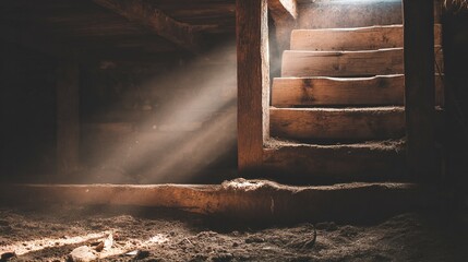 Obraz premium Basement stairs with light streaming down creating a dusty atmosphere.
