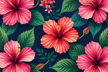 Obraz premium Bold, large-scale hibiscus blooms in a vibrant tropical pattern , wallpaper, tropical, repeat