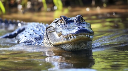 Obraz premium American Alligator submerged in a swamp, showcasing its skin texture and teeth