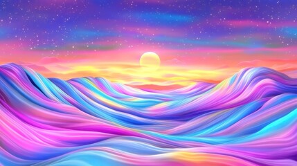 Vibrant, colorful, abstract landscape with flowing hills under a vibrant sunset sky
