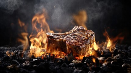 T-bone steak charred perfectly on open fire embers, smoke and heat textures visible