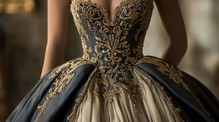 Elegant, ornate ball gown with gold embroidery (1)