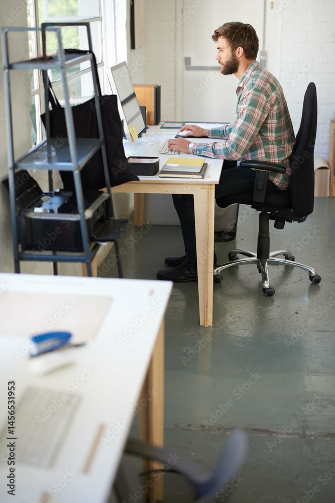 Poster computer typing, internet and businessman in agency for research, startup and plan website layout. w